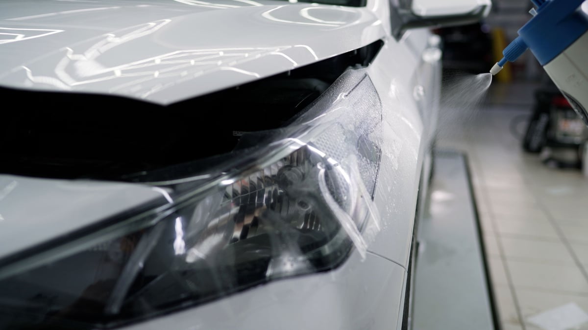 Detailer applying a protective film to a car headlight
